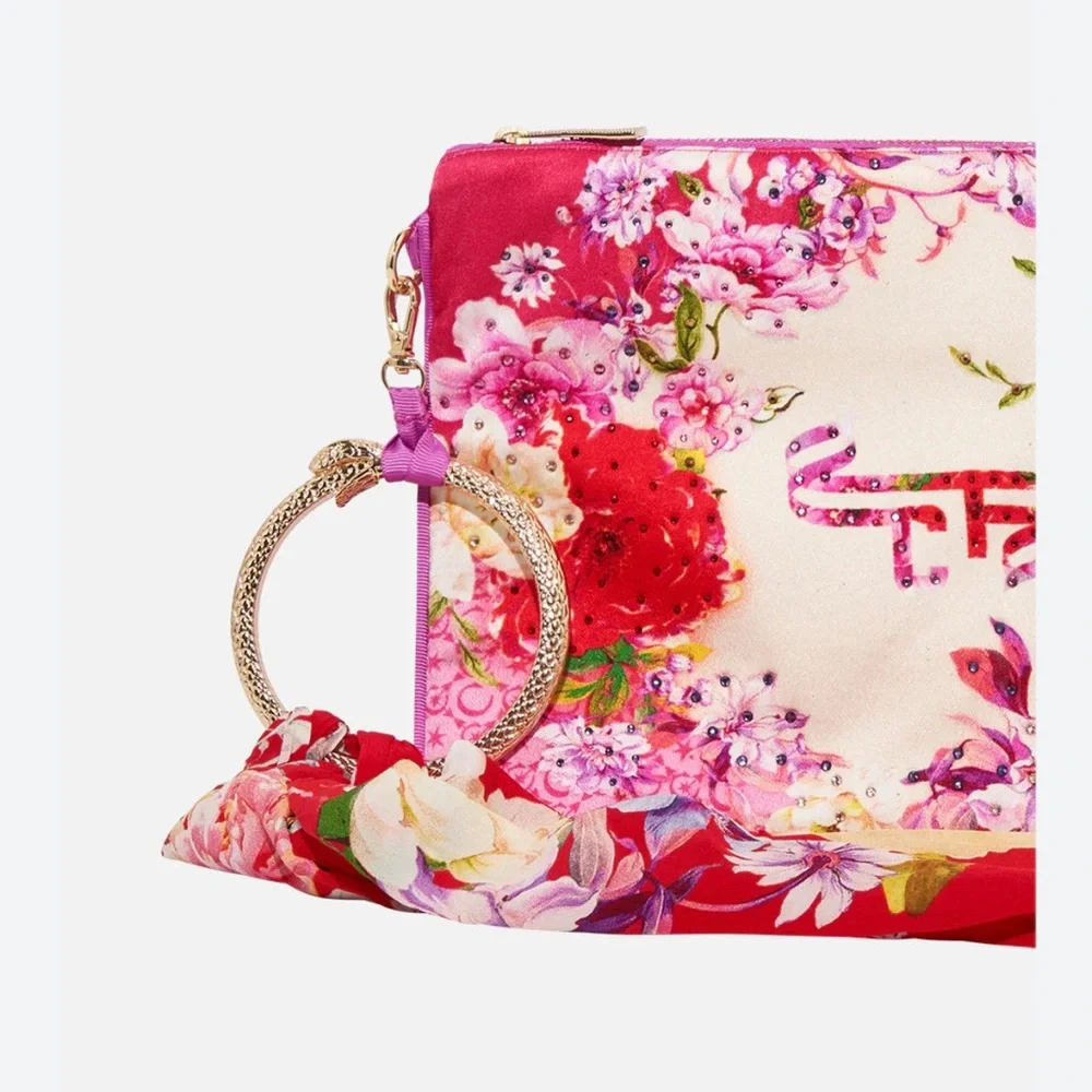 CAMILLA Kiss and Tell red pink floral silk scarf clutch bag purse